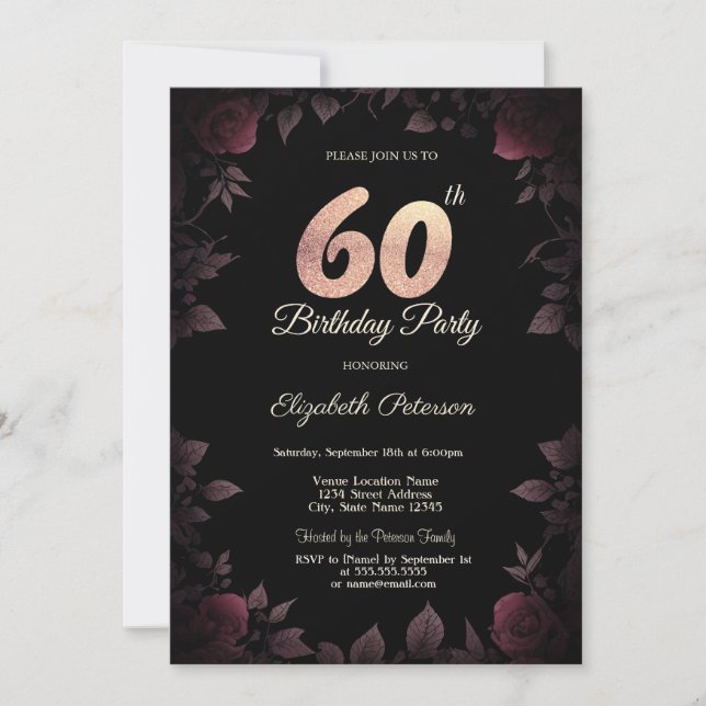 Invitación Rosas Chic Burgundy Oscuro Cumpleaños 80 Negro (Anverso)