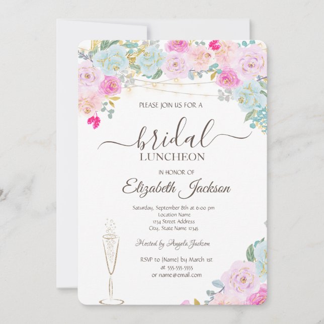 Invitación Rosas chic, copa de vino, luces Bridal Luncheon (Anverso)