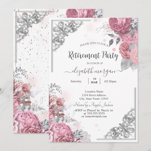 Invitación Rosas Chic Flores Marco de Plata Jubilación    (Anverso / Reverso)