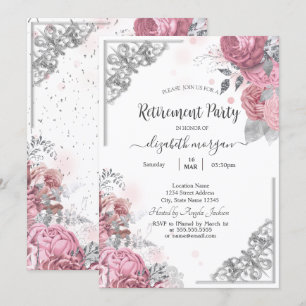 Invitación Rosas Chic Flores Marco de Plata Jubilación   