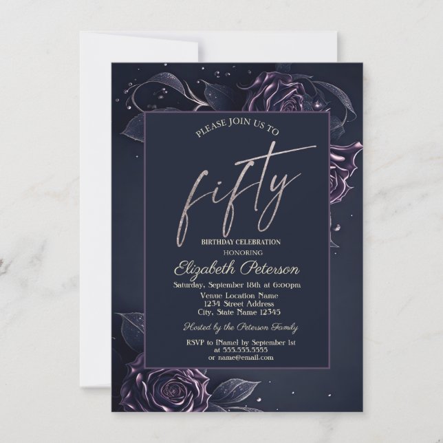Invitación Rosas Chic Oscuro Gótico Cumpleaños 50 (Anverso)