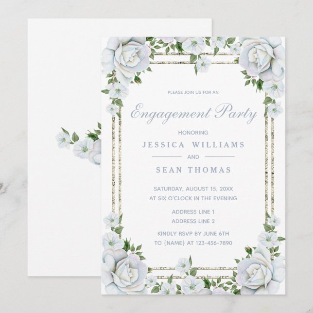 Invitación Rosas Chic y fiesta de compromiso floral con borde (Anverso / Reverso)