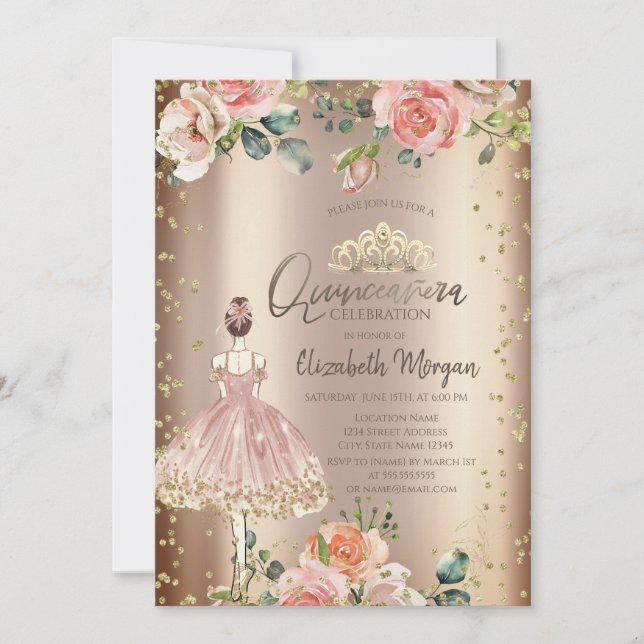 Invitación Rosas Chica elegante, Diamonds Cooper Quinceañera (Anverso)