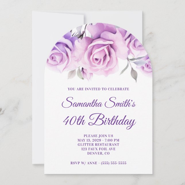 Invitación Rosas color morado rosado foto 40 cumpleaños (Anverso)