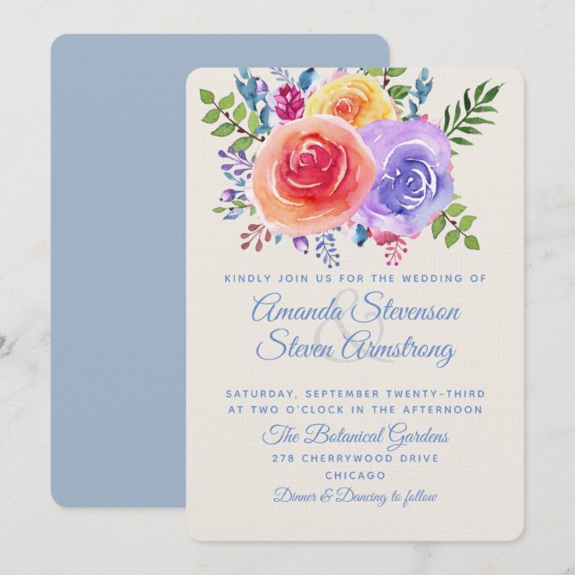 Invitación Rosas coloridos acuarela floral (Anverso / Reverso)
