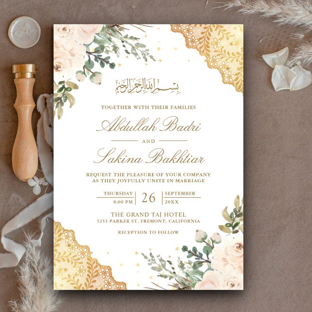 Invitación Rosas con crema suave oro Lace QR Código musulmán  (Subido por el creador)