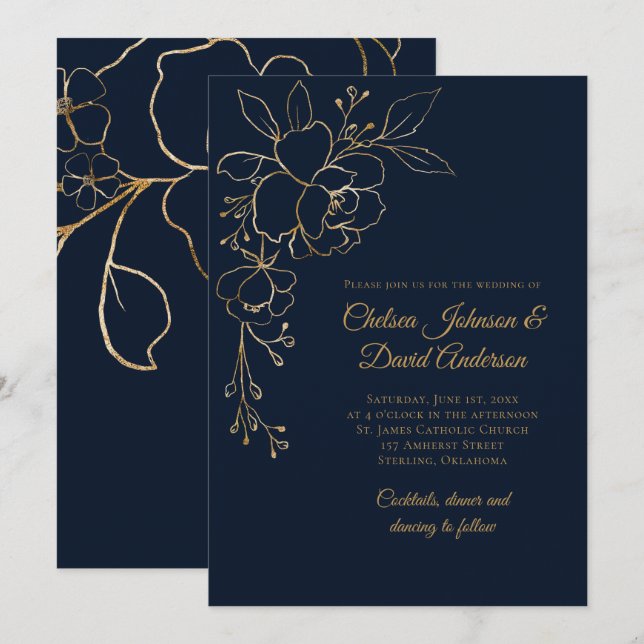 Invitación Rosas con dibujos dorados sobre el Boda azul oscur (Anverso / Reverso)