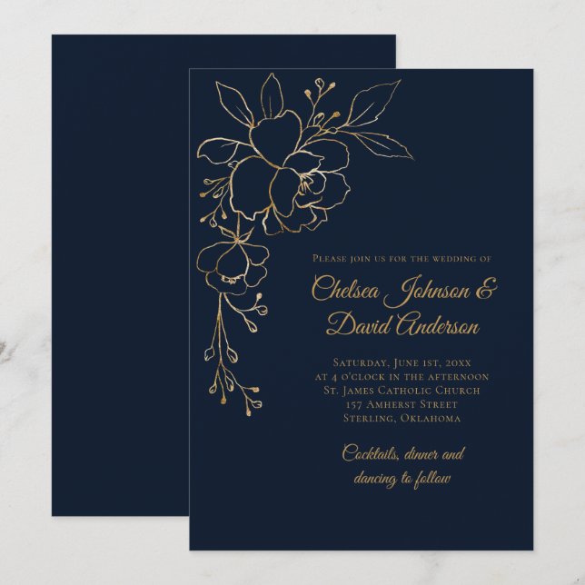 Invitación Rosas con dibujos dorados sobre el Boda azul oscur (Anverso / Reverso)