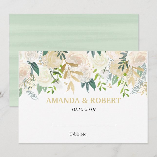 Invitación Rosas con flores de marfil boda Mesa Lugar MINT (Anverso / Reverso)