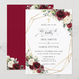 Invitación Rosas con flores de marfil de Borgoña Boda español