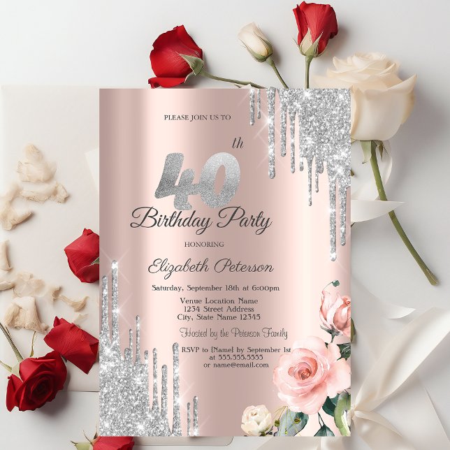 Invitación Rosas con gotas de brillo de plata Cumpleaños 40 R (Subido por el creador)