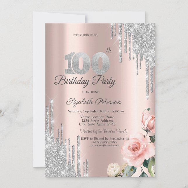Invitación Rosas con gotas de brillo de plata Rosa Dorado 100 (Anverso)