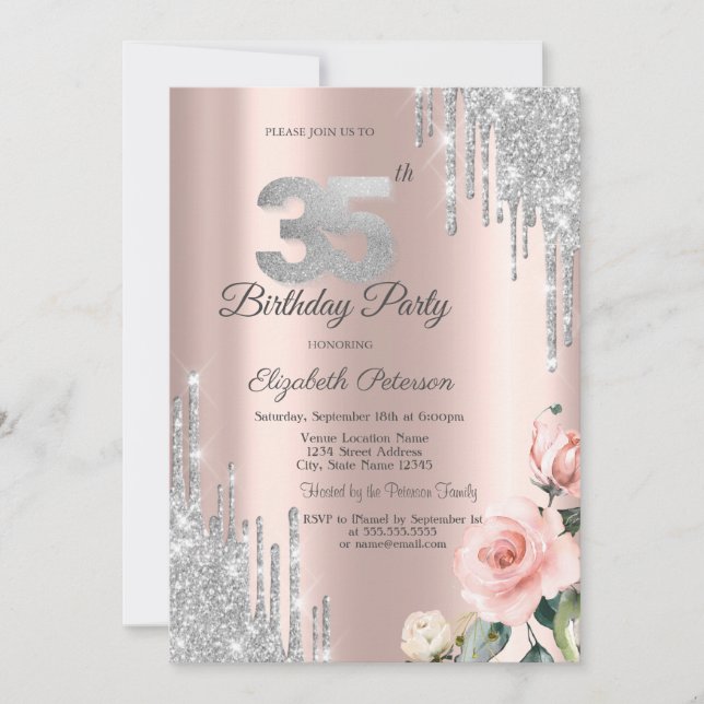 Invitación Rosas con gotas de brillo de plata Rosa Dorado 35 (Anverso)