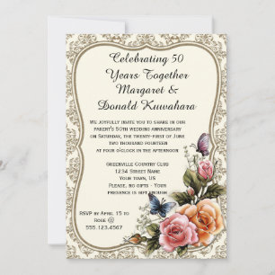 Invitación Rosas con marco de oro Damask dorado 50 aniversari