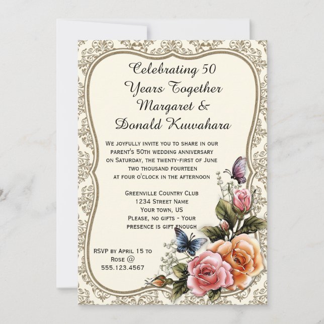 Invitación Rosas con marco de oro Damask dorado 50 aniversari (Anverso)
