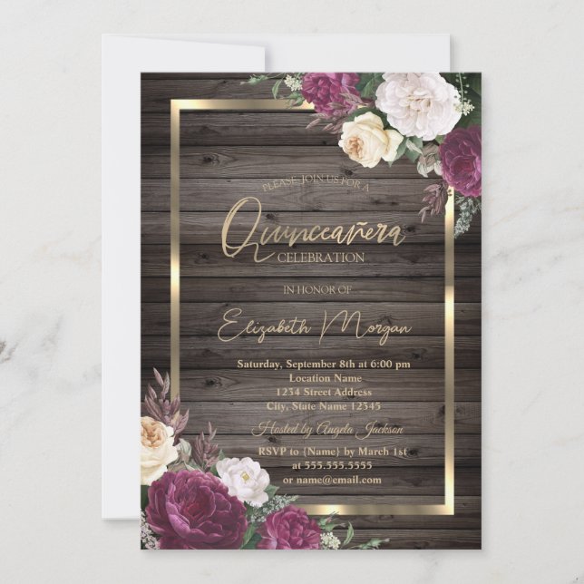 Invitación Rosas con marco dorado de Borgoña Wood Quinceañera (Anverso)