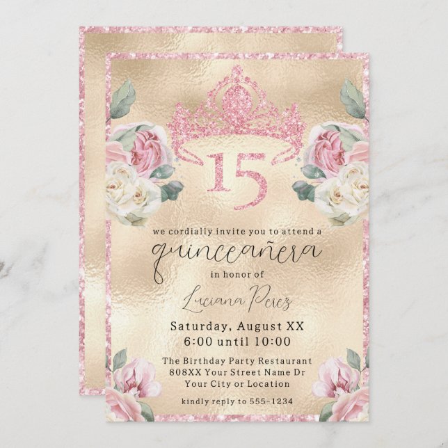 Invitación Rosas con Purpurina Tiara en la Quinceañera del Or (Anverso / Reverso)