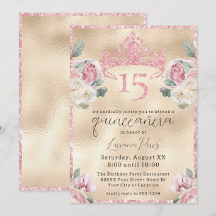 Invitación Rosas con Tiara de Brillo en Quinceañera Dorada