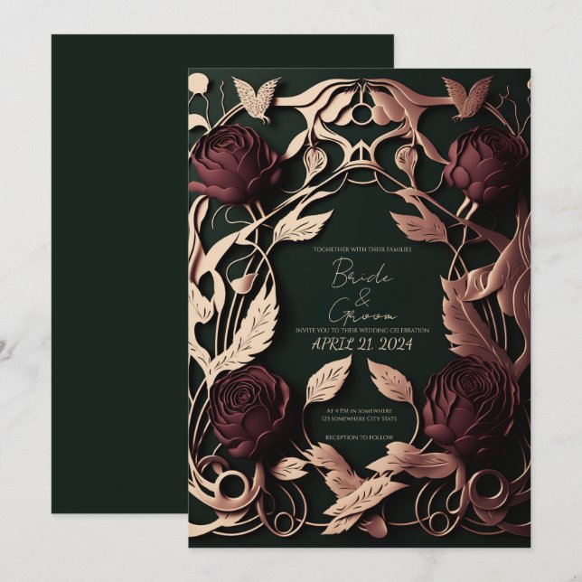 Invitación Rosas con verde oscuro y oro (Anverso / Reverso)