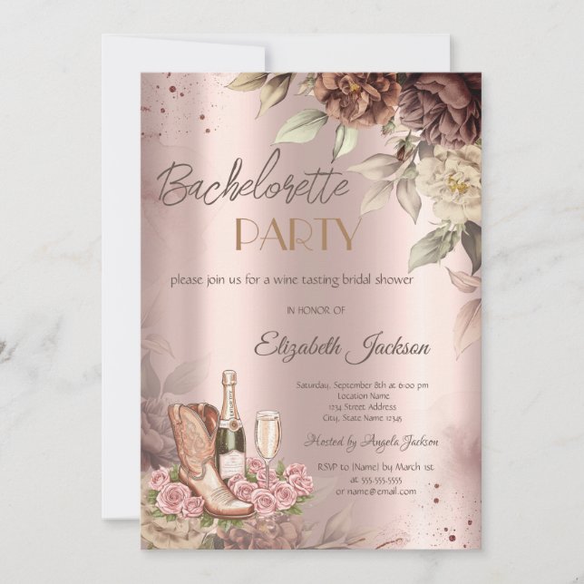 Invitación Rosas Copa de Vino Botas Despedida de Soltera  (Anverso)