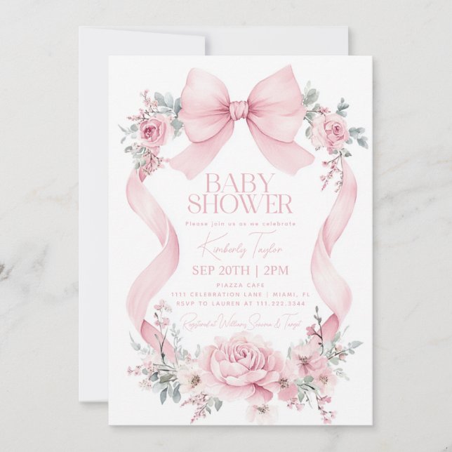 Invitación Rosas Coquette Pink Bow Flores Baby Shower (Anverso)