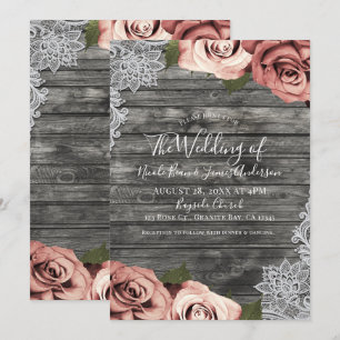 Invitación Rosas Coral Melocotón Gris Encaje Blanco Rústico B