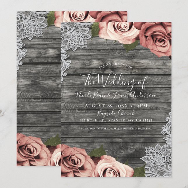 Invitación Rosas Coral Melocotón Gris Encaje Blanco Rústico B (Anverso / Reverso)