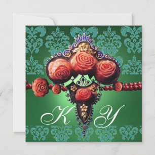 INVITACIÓN ROSAS CORALES ROJOS, MONOGRAMA DE DAMASCA VERDE AZ