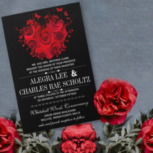 Invitación Rosas Corazón Rojo y Negro Mariposas Bodas