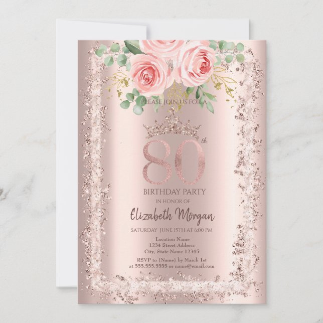 Invitación Rosas, Corona con Marco de Purpurina Dorada Rosa p (Anverso)