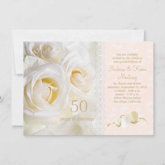 Invitación Rosas crema blancas, corazones 50 aniversario de b (Anverso)