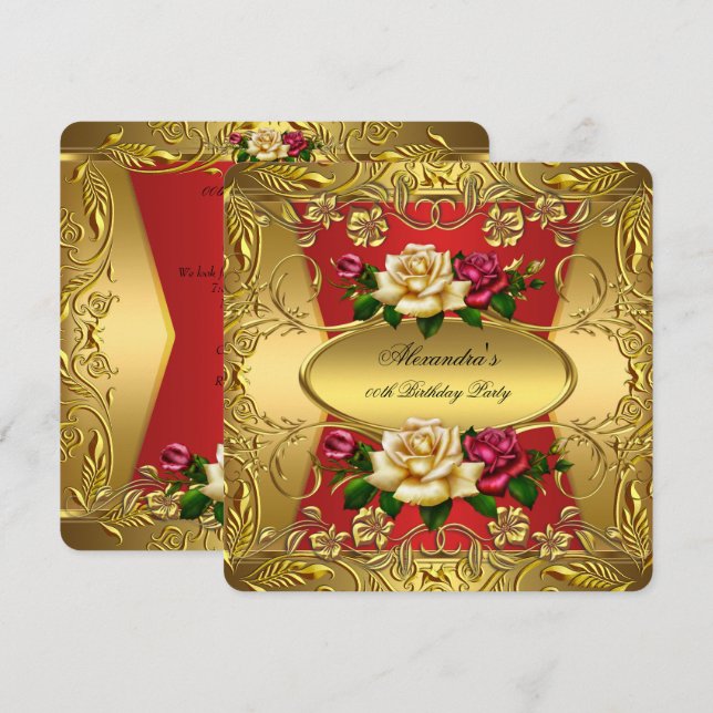 Invitación Rosas Cremas Rojas Elite Ornamentadas Cumpleaños F (Anverso / Reverso)