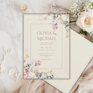 Invitación Rosas Cremas y Rosadas de Boda Floral Elegante