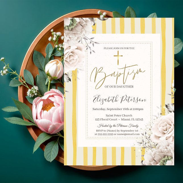 Invitación Rosas Cruz de Oro Amarillo Rayado Bautizo (Subido por el creador)