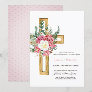 Invitación Rosas Cruz de Oro, Con puntos Primera Comunión