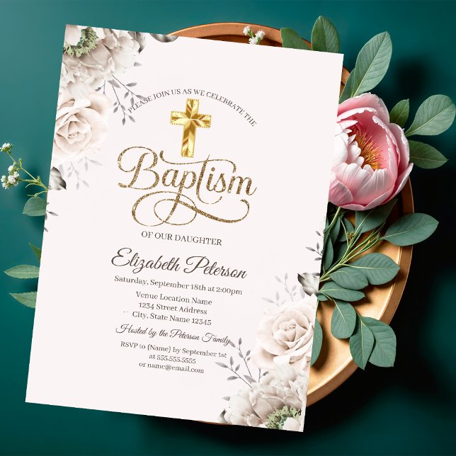 Invitación Rosas Cruz de Oro Elegante Rosa Claro Bautizo (Subido por el creador)