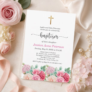 Invitación Rosas Cruz de Oro Elegantes Bautizo Floral