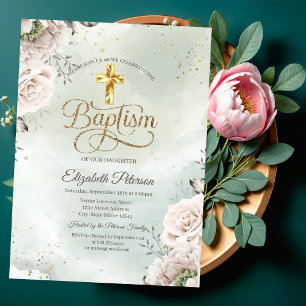 Invitación Rosas Cruz de Oro Elegantes Verde Bautizo