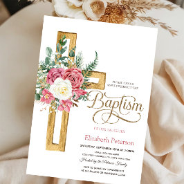 Invitación Rosas Cruz Floral,Punteado Bautismo