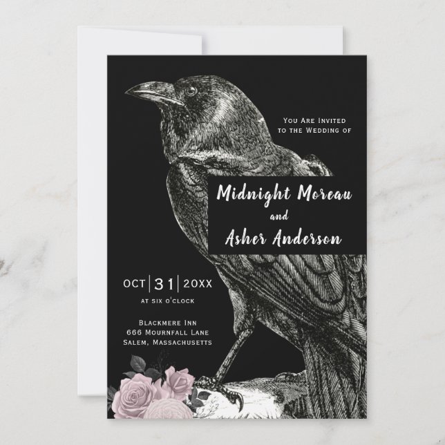 Invitación Rosas Cuervo Negro Rosa Bodas de Halloween (Anverso)