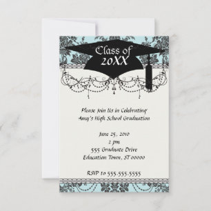 Invitación rosas damascos graduación azul claro y negro