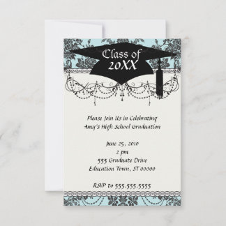 Invitación rosas damascos graduación azul claro y negro