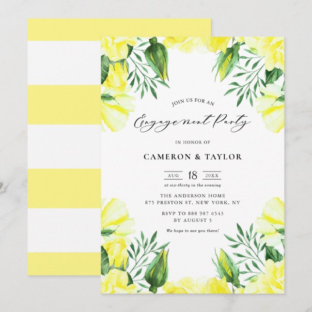 Invitación Rosas de acuarela amarilla Garland Engagement Part (Anverso / Reverso)