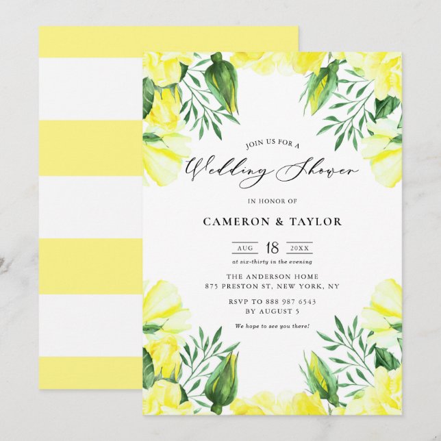 Invitación Rosas de acuarela amarilla Garland Wedding Shower (Anverso / Reverso)
