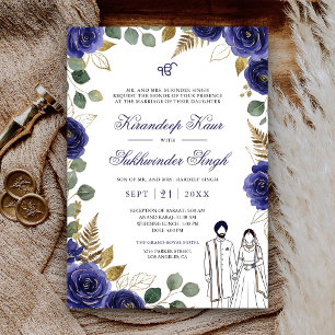 Invitación Rosas de acuarela azul real, flores, boda Sikh