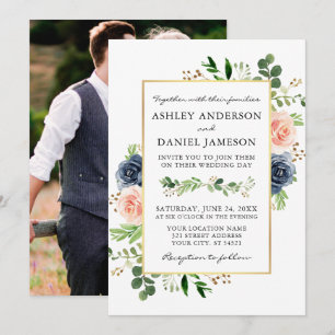 Invitación Rosas de acuarela azul turbio Boda de foto trasera