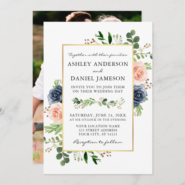 Invitación Rosas de acuarela azul turbio Boda de foto trasera (Anverso / Reverso)