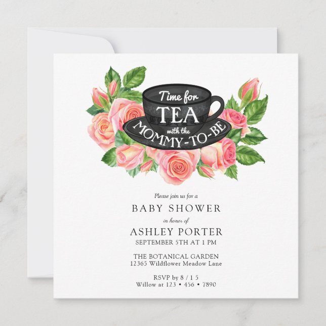 Invitación Rosas de acuarela | Baby Shower Fiesta de té (Anverso)