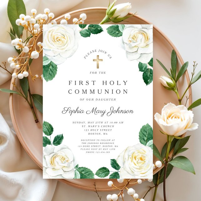 Invitación Rosas de acuarela blanca floral Chica Primera Comu (Floral White Watercolor Roses Girl First Communion Invitation)