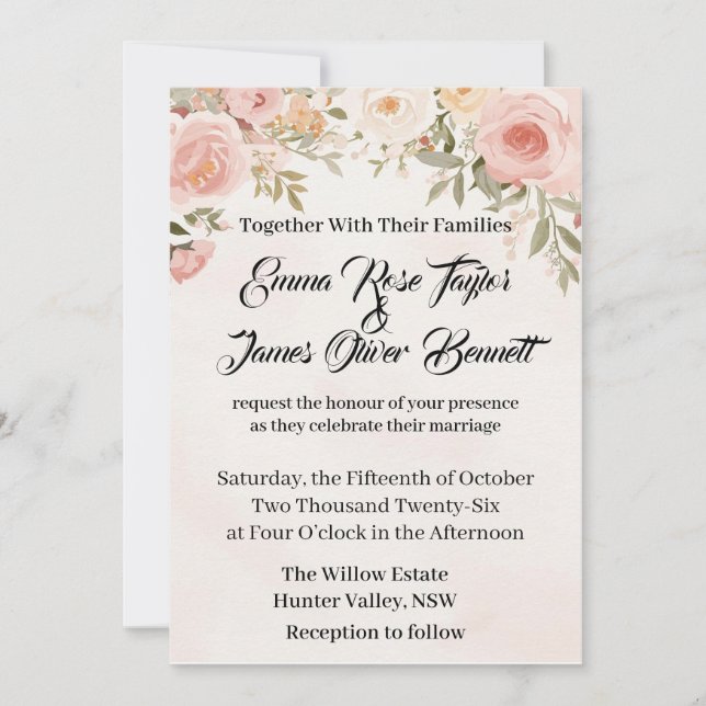 Invitación Rosas de acuarela Blush & Ivory – Floral (Anverso)